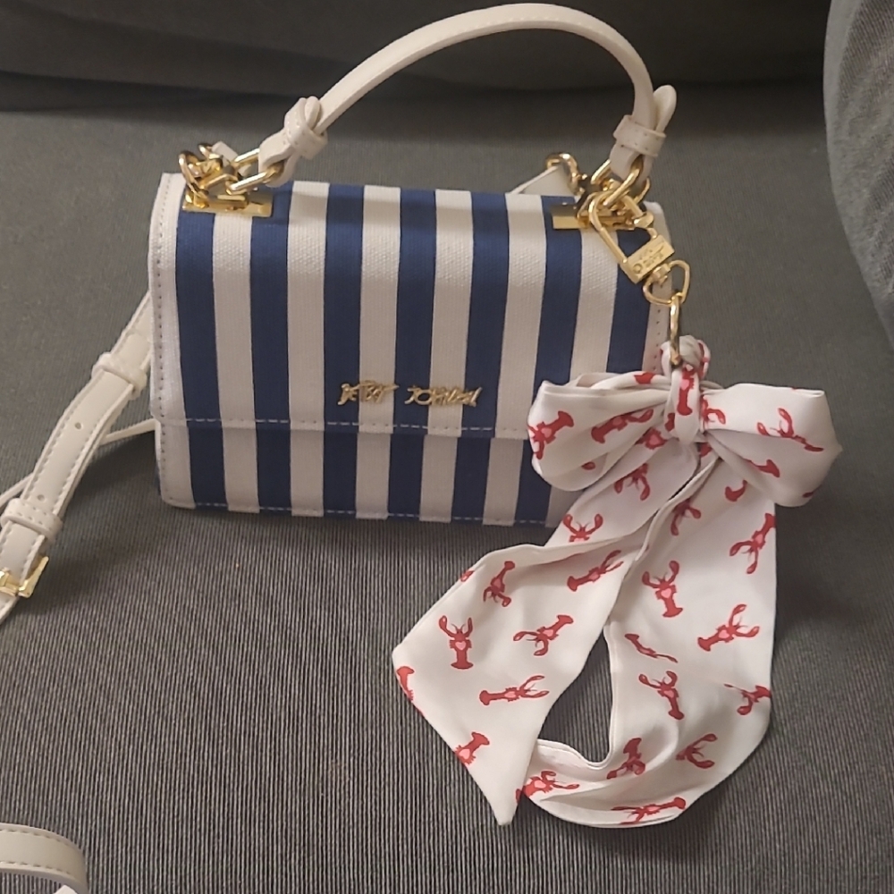 Betsey Johnson White and Navy Striped Top-Handle Crossbody with Red Accent Scarf